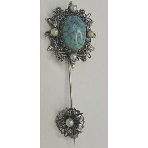 Vtg Large Faux Pearl Tourquoise Stick Pin Unique Decorative End